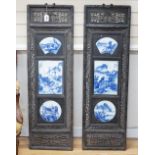 Two Chinese carved framed sets of blue and white plaques, 121 x 38cm