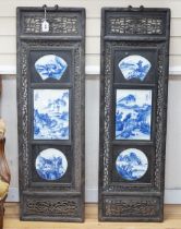 Two Chinese carved framed sets of blue and white plaques, 121 x 38cm