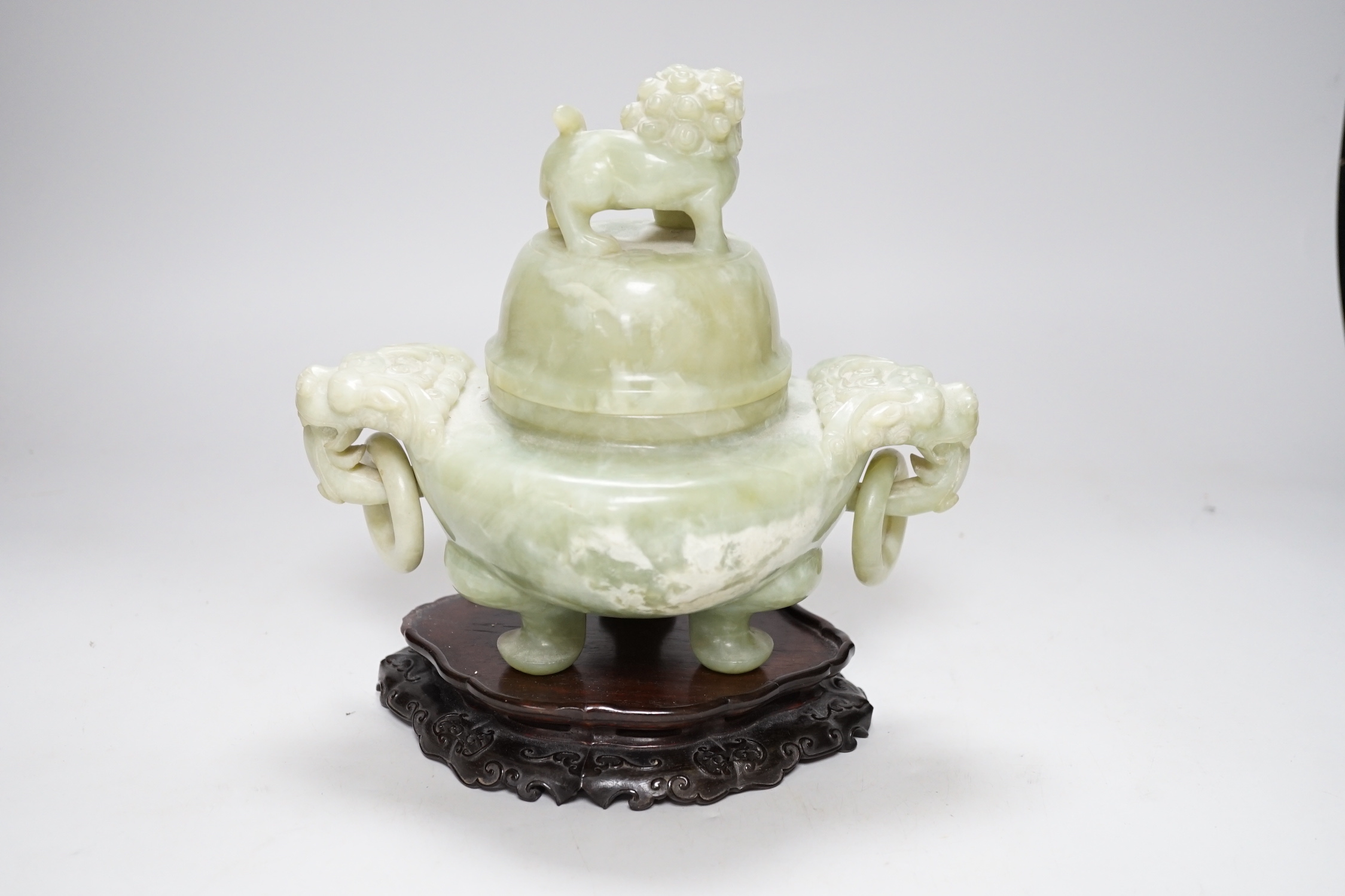 A large Chinese bowenite jade censer and cover on carved hardwood stand, 21cm wide - Image 4 of 6