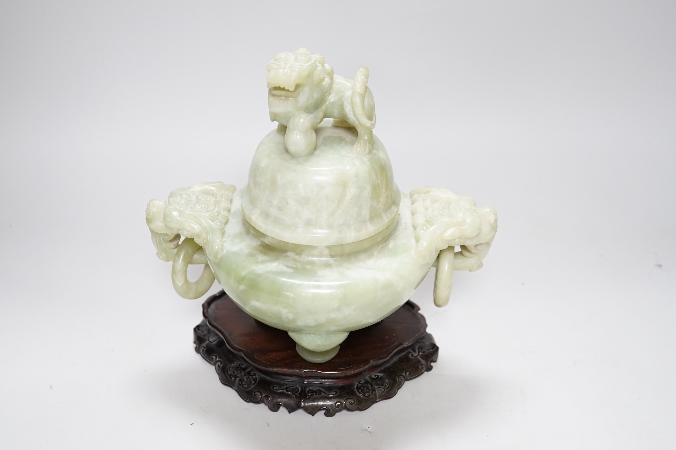 A large Chinese bowenite jade censer and cover on carved hardwood stand, 21cm wide - Image 2 of 6