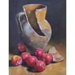 Marcos, Spanish oil on canvas, Still life pitcher and plums, applied plaque to the frame, 34 x 26cm