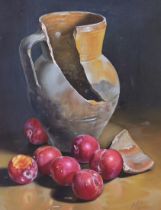 Marcos, Spanish oil on canvas, Still life pitcher and plums, applied plaque to the frame, 34 x 26cm