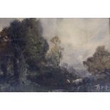 Late 19th / early 20th century, heightened watercolour, Cattle on a pathway beside trees,