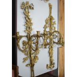 A pair of brass three branch wall sconce lights, 90cm high