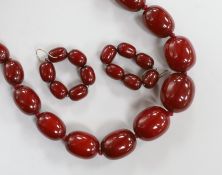 A single strand graduated simulated cherry amber necklace, 64cm and a pair of similar earrings,