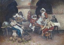 After Tito Conti (Italian 1842–1924) oil on wooden panel, Interior scene with cavaliers serenading a
