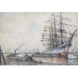 Early 20th century, heightened charcoal and mixed media, Moored ship and boats, indistinctly signed,