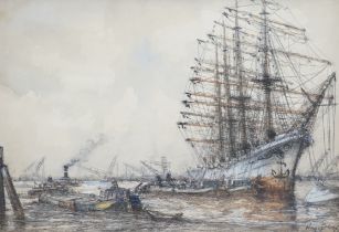 Early 20th century, heightened charcoal and mixed media, Moored ship and boats, indistinctly signed,