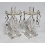 A pair of 19th century glass lustre candlesticks with drops, 22cm high