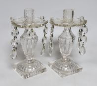 A pair of 19th century glass lustre candlesticks with drops, 22cm high