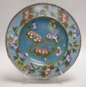 A Chinese Jiaqing period cloisonné enamel dish on a turquoise ground with floral decoration, 27.5cm