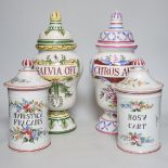 French polychrome faience drug jars, tallest 36cm high