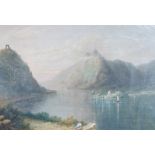 Attributed to Lars Hertervig (Norwegian 1830-1902), oil on canvas, 'Norwegian Fjord', applied plaque