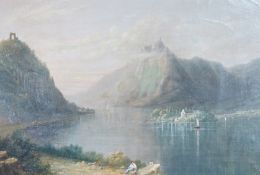 Attributed to Lars Hertervig (Norwegian 1830-1902), oil on canvas, 'Norwegian Fjord', applied plaque