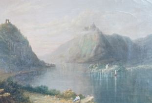 Attributed to Lars Hertervig (Norwegian 1830-1902), oil on canvas, 'Norwegian Fjord', applied plaque