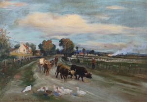 Joseph Denovan Adam (Scottish 1842-1896) oil on canvas, Rural pathway with cattle and geese, signed,