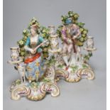 A pair of French porcelain two branch figural candlesticks in the form of musicians, largest 29cm