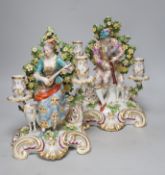 A pair of French porcelain two branch figural candlesticks in the form of musicians, largest 29cm