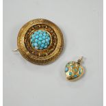 An Edwardian yellow metal and turquoise cluster set heart pendant, 16mm, together with a larger gilt