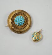 An Edwardian yellow metal and turquoise cluster set heart pendant, 16mm, together with a larger gilt