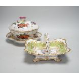 A Helena Wolfsohn Dresden tureen, cover and stand together with a floral porcelain basket (2),