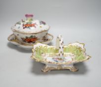 A Helena Wolfsohn Dresden tureen, cover and stand together with a floral porcelain basket (2),