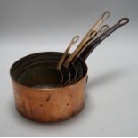 A quantity of various copper-ware including graduated pans, lidded cauldron and miniature warming