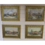 English School (early 20th century), set of four heightened watercolours, village landscapes and