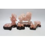 Six Chinese rose quartz figures