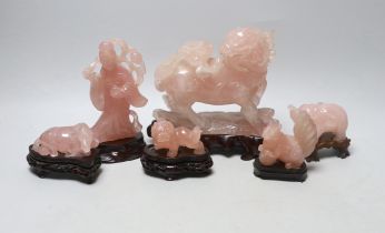 Six Chinese rose quartz figures
