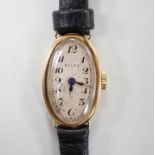 A lady's 1930's 18ct gold oval Rolex manual wind wrist watch, with Roman dial and Rolex Prima