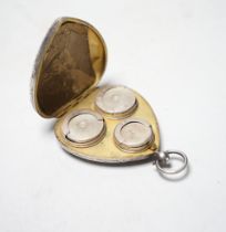A late Victorian engraved silver heart shaped sovereign and half sovereign case, Birmingham, 1898,