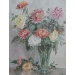 Mabel F Dottridge, watercolour, Still life of chrysanthemums, signed, James Bourlet and Royal