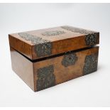 A Victorian burr walnut travelling toilet box with divided interior and lift out tray, containing