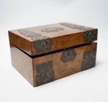 A Victorian burr walnut travelling toilet box with divided interior and lift out tray, containing