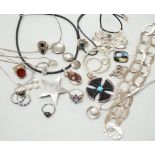 A small collection of 925 and white metal jewellery including a ring link necklace, rings,