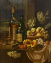 Gyula Bubarnik (Hungarian 1936-2010), oil on board, Still life of fruit and vessels, signed, stamped