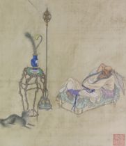 A Chinese painting on silk of a scholar recumbent on a daybed, 19th century, the figure holding a