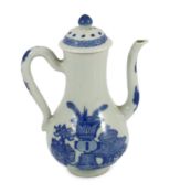 A Chinese blue and white wine ewer and cover, Kangxi period, the pear-shaped body painted with