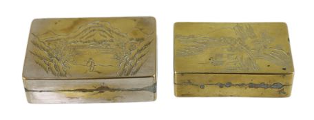 Two Chinese paktong ink boxes, early 20th century, each engraved with river landscape scenes, 8.