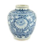 A 17th century Chinese blue and white jar, Shunzhi or Kangxi period, the short neck painted with