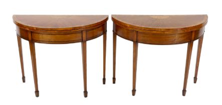 A pair of Edwardian Sheraton revival marquetry inlaid satinwood card tables the D shaped folding top