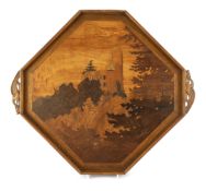 Émile Gallé (1846-1904). A marquetry tray with carved lizard handles, inlaid in various woods with a