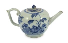 A Chinese blue and white bullet-shaped teapot and cover, Nanking Cargo, c.1750, painted with