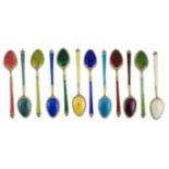 A cased set of twelve Norwegian silver gilt and polychrome enamel coffee spoons, retailed by Tiffany