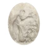 An 18th century French carved white marble relief plaque, depicting a classical maiden holding a