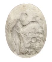 An 18th century French carved white marble relief plaque, depicting a classical maiden holding a