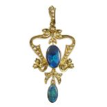 A late Victorian 15ct gold, two stone oval black opal and seed pearl cluster set drop pendant, 57mm,