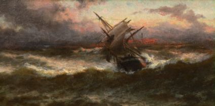 Thomas Rose Miles (British, 1844-1916) Ship in a rough sea at sunsetoil on canvas20.5 x 40.5cm***