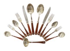 An almost complete canteen of modern Christofle silver plated and Chinese brown lacquer Talisman